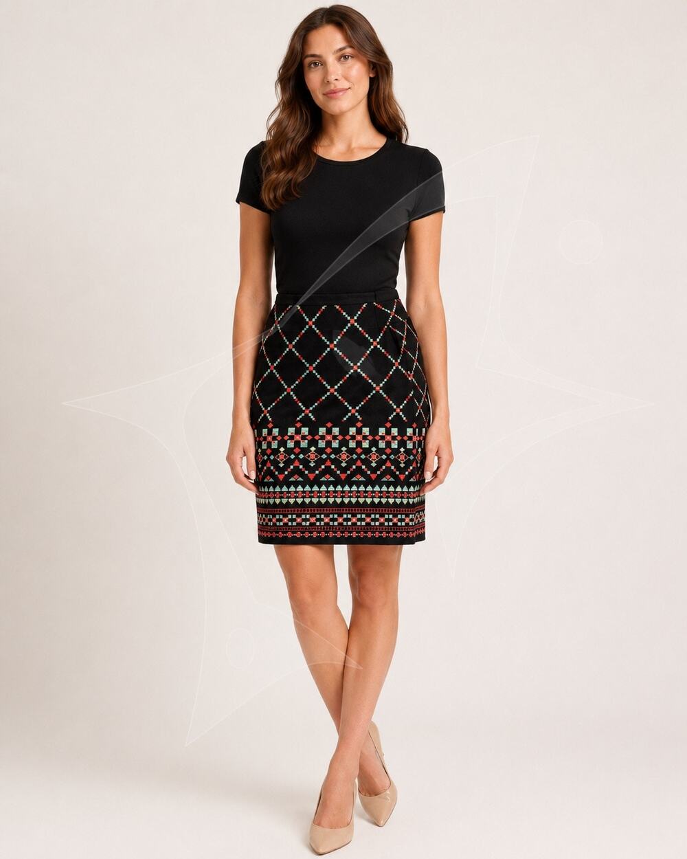 BCBGMAXAZRIA Women’s M Black Geometric Knit Pencil Skirt Y2K Boho